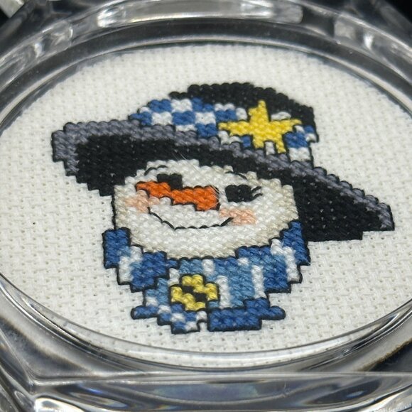 4 Acrylic Handmade Cross Stitch Snowman 4” Coasters Cork Bottom Winter Holiday - Picture 2 of 8